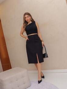 WOMEN'S MIDI SKIRT SP031 - 黑色 - 查看 2