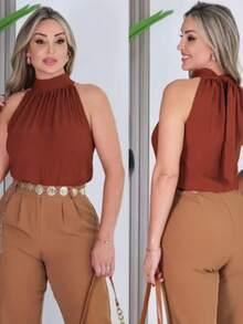 STYLISH WOMEN'S HIGH NECK TIE-UP BLOUSES - Camel - View 3