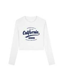 女士秋冬新款棉质字母印花休闲修身圆领短款图案T恤 - 白色 - 查看 5