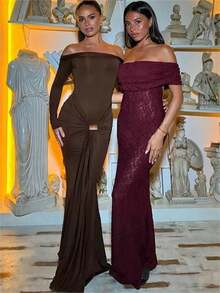 Herbstmode Rückenfreies langes Kleid Hohe Taille Schlank Falten Patchwork Einfarbig Off-Shoulder Partykleid Damen Bodycon Kleid