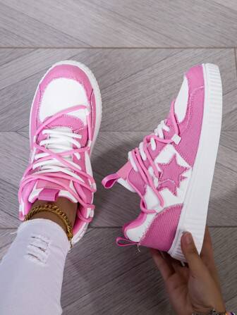 Teenage Girls' Fashion Star Patchwork Canvas Sneakers, Retro Casual Lace-Up Outdoor Lightweight Non-Slip Vulcanized Shoes, Pink, Suitable For Girlfriends
