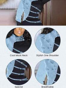 Plus Size Women's Denim Jacket, Patchwork Denim Top, Asymmetrical Irregular Denim One-Shoulder Short Design. - Light Wash - View 4
