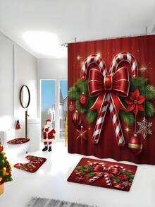 1/4 件圣诞冬季浴室窗帘套装，糖果球蝴蝶结装饰简约红绿色涤纶可洗浴帘，圣诞浴室装饰，带 12 个挂钩防滑浴垫和 U 型马桶座套