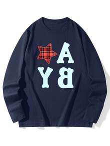 女士休闲字母和星星印花圆领长袖棉质 T 恤，宽松百搭，春秋季 - 藏藍 - 查看 6