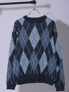 男士美式街头风针织毛衣，休闲宽松提花图案小众设计圆领套头衫，秋冬款 - 藍色 - 查看 3