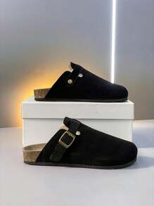 2025夏季男女通用博肯一脚蹬拖鞋，皮革鞋面搭配搭扣设计，软木厚底，耐磨，简约纯色，适合户外、旅行、休闲街头风格、情侣装，轻便露背穆勒拖鞋，时尚舒适，建议订购大一码