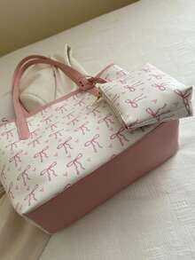 1 时尚拼色蝴蝶结印花单肩包，简约轻便，多个口袋，单肩托特包书包，返校背包，大容量，笔记本电脑隔层，便携，轻便，适合少女女大学生，非常适合返校、大学、初中、高中，时尚拉链托特包，大号学校托特包，多个隔层，非常适合海滩 - 白色 - 查看 9