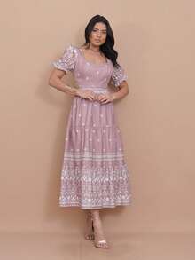 Helena Crepe Printed Midi Dress With Short Sleeves - Rusty Rose - View 4