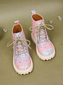 1 Pair Girls' Gradient Sequin Boots, Classic Front Lace-Up Round Toe Thick Sole Height-Increasing Design, Cute Princess Sweet Cool Style Ankle Boots, Suitable For Holidays, School, Dance Parties, Autumn/Winter New Arrival - Baby Pink - View 2