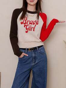 Suéter de cuello redondo con bloque de color y patrón de letras estilo retro americano para mujer, otoño/invierno - Multicolor - Ver 5