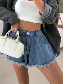 Shorts vaqueros de tiro alto, sueltos y acampanados con bolsillos para mujer - Azul - Ver 2