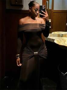 Herbstmode Rückenfreies langes Kleid Hohe Taille Schlank Falten Patchwork Einfarbig Off-Shoulder Partykleid Damen Bodycon Kleid