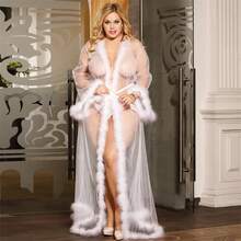 Sexy Morgenmantel Damen Transparent Rot Sexy Robe Femme Lange Ärmel Negligés Damen Nachthemden Peignoir für Frauen - Schwarzer Maxi-Bademantel - Übersicht 7