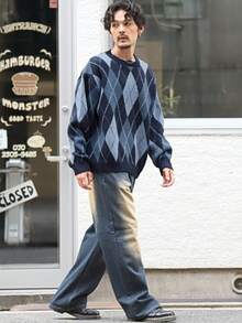 男士美式街头风针织毛衣，休闲宽松提花图案小众设计圆领套头衫，秋冬款 - 藍色 - 查看 8