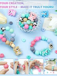 124 hạt silicon FIVEIZERO dùng làm móc khóa, hạt hình gấu, hạt tròn 15mm, hạt dẹt 12mm và hạt pha lê 10mm, thích hợp làm bút, vòng tay và đồ thủ công, kèm dây chun và kéo - Nhiều màu - Xem 2