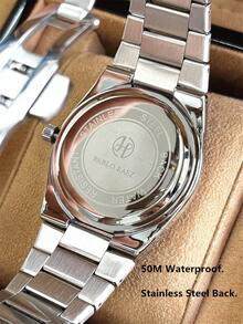 Pablo Raez 1 chiếc đồng hồ đeo tay nam phong cách retro, phụ kiện mùa hè sang trọng bằng thép không gỉ, đồng hồ nam quyến rũ nguyên bản, trang sức bạc, không phai màu, dây đeo kim loại dày, mặt số đen, chống nước 50M. - Bạc - Xem 9