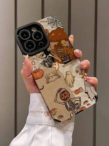 1 pieza Funda de teléfono de piel sintética a prueba de caídas y huellas dactilares, con diseño vertical de calavera con forma de corazón y calabaza, estilo gótico, compatible con Apple y otros modelos