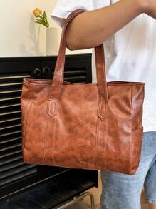 纯色 PU 皮革男士多功能简约手提包，适合通勤和办公，可容纳笔记本电脑 - 彩色 - 查看 7