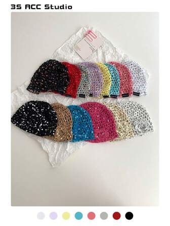 1 pieza Gorro de punto hecho a mano con flor de lentejuelas calada, elegante y de moda para mujeres, adecuado para primavera y verano