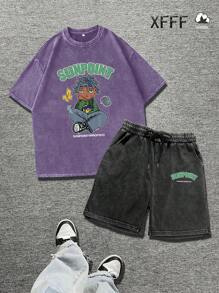 XFFF-纯棉 男士夏季休闲街头复古卡通男生嘻哈套装 圆领水洗做旧运动休闲T恤+短裤套装 嘻哈街头户外活动男套装