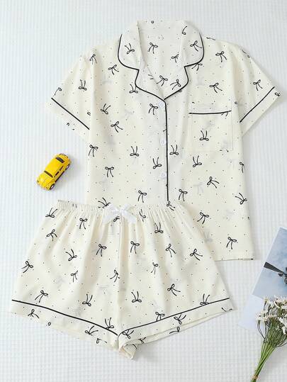 2 件女士舒适迷你波尔卡圆点蝴蝶结印花睡衣套装，翻领纽扣短袖上衣和蝴蝶结短裤，夏季睡衣和家居服