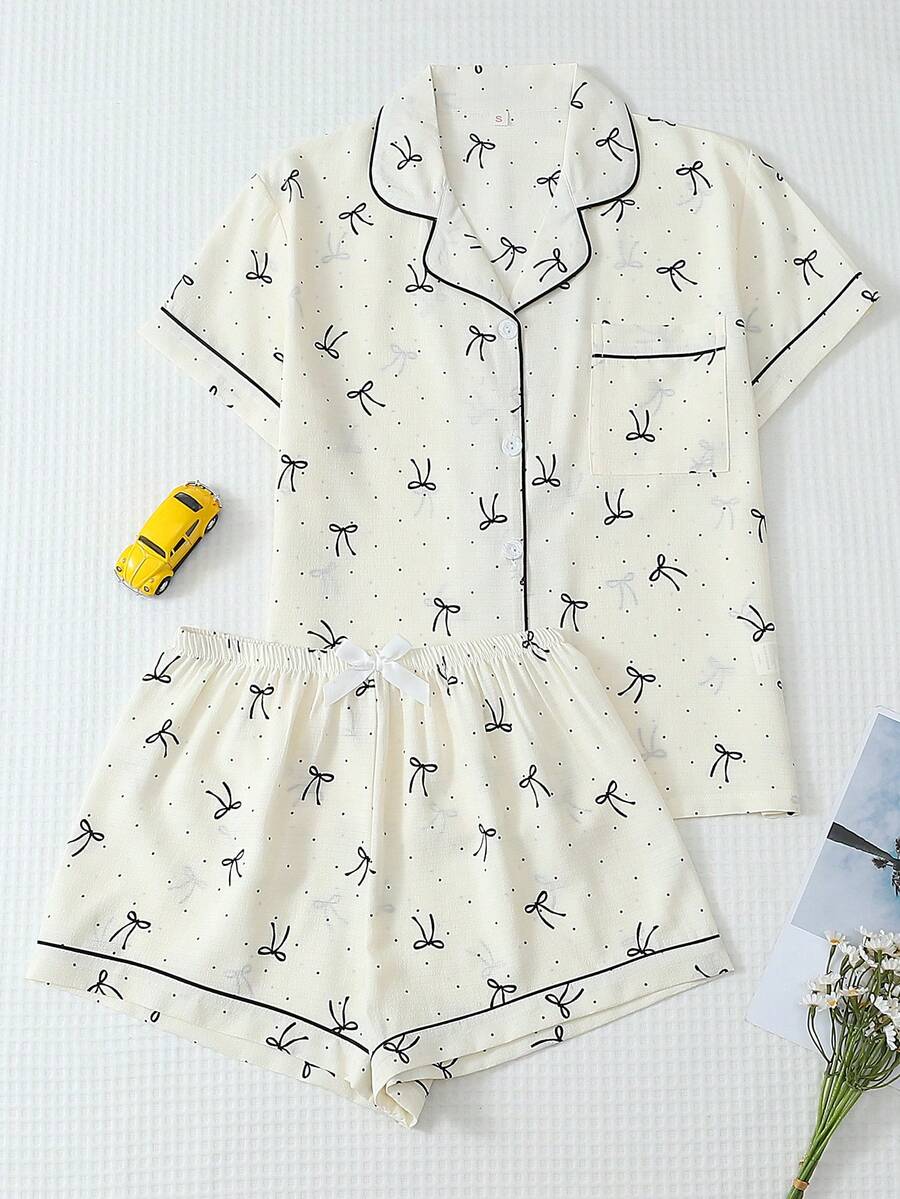 2 件女士舒适迷你波尔卡圆点蝴蝶结印花睡衣套装，翻领纽扣短袖上衣和蝴蝶结短裤，夏季睡衣和家居服 - 白色 - 查看 1