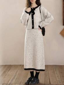 Alicedudu Women's Autumn/Winter Elegant Contrast Color Design Sweater Cardigan And Midi Skirt 2 Pieces Set - Beige - View 3