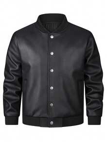 Men's Solid Color Long Sleeve Single-Breasted Casual Baseball Jacket , Fall Winter, Grunge - Black - View 1