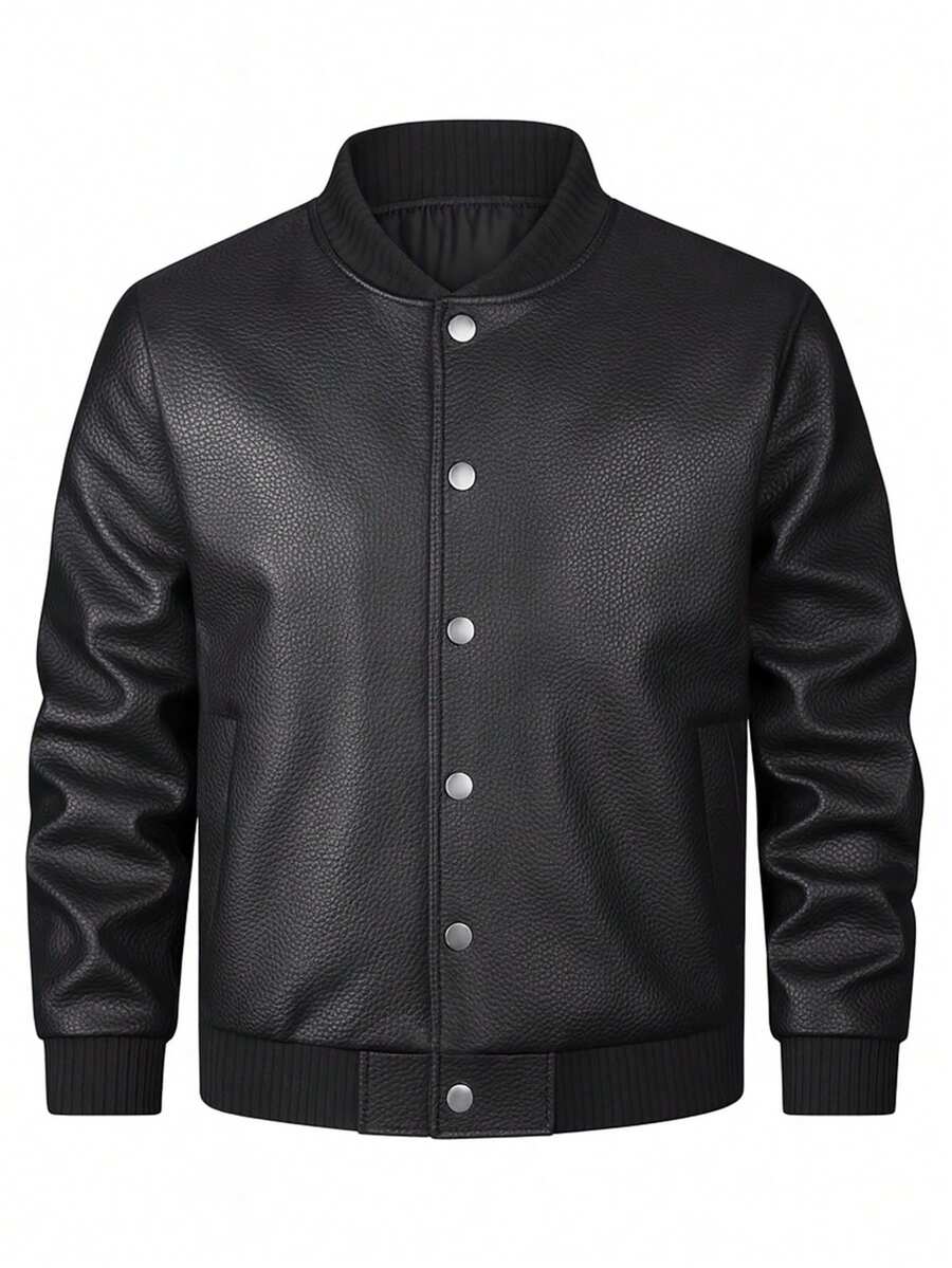 Men's Solid Color Long Sleeve Single-Breasted Casual Baseball Jacket , Fall Winter, Grunge - Black - View 1