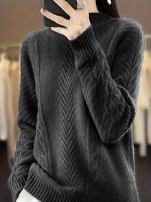 Plus Size Crew Neck Casual Solid Color Long Sleeve Knit Sweater Black - Black - View 2