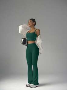 FWH 高腰提臀塑形设计，喇叭裤腿，休闲时尚复古喇叭裤，适合工作和休闲场合，高腰喇叭瑜伽裤，收腹运动紧身裤，户外提臀裤，办公室/徒步两用喇叭裤，户外运动服饰，女士高腰收腹喇叭瑜伽裤 - 墨綠色 - 查看 7