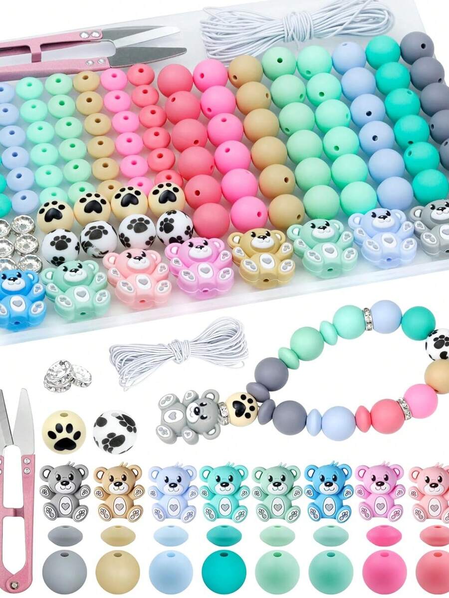 124 hạt silicon FIVEIZERO dùng làm móc khóa, hạt hình gấu, hạt tròn 15mm, hạt dẹt 12mm và hạt pha lê 10mm, thích hợp làm bút, vòng tay và đồ thủ công, kèm dây chun và kéo - Nhiều màu - Xem 1