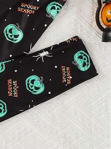 Set de pijamale 2 buc, croială confortabilă, cu guler rotund, cu mânecă scurtă, cu grafică de Halloween cu dovleac și craniu, pentru copii mici, pentru petreceri