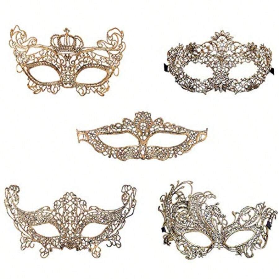IMapo Masquerade Masks 5 Pack Sexy Women Girl Lace Eye Mask Opera Halloween Dancing Evening Party Elegant Mardi Gras Lady Eye Mask Gold