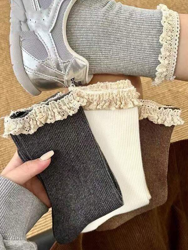 2/3 Pairs Solid Color Lace Trim Ladies' Socks, Comfortable And Breathable Mid-Length Ladies' Socks, Suitable For Matching Birkenstocks Shoes, Sportear And Various Fashionable Dressing Styles, Is A Versatile Sock For Valentine's Day Gifts All Year Round