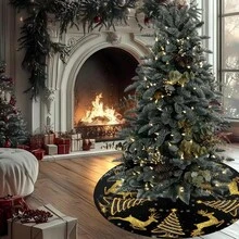 1pc/260pcs Christmas Tree Skirt With Gold Glitter Deer, Black Color With Holiday Snowflake & Tree Pattern, Christmas Atmosphere Tree Skirt, Carpet For Christmas Family Gathering Party Decoration, Fits Christmas Scene Decoration, Holiday Atmosphere Decor, Living Room Christmas Tree Arrangement, Holiday Party Scene, Home Christmas Decoration, Creates Sweet Christmas Vibe - Festive Snowflakes and Trees Pattern - View 4