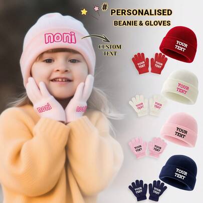 2pcs/Set Personalized Graphic Knit Hat And Gloves Set For Toddlers, Comfortable, Fashionable And Versatile, Suitable As Gifts, Warm Daily Wear For Boys And Girls