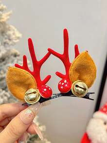 2pcs Reindeer Antler Hair Clips With Pom-Pons And Ears, Christmas Women's Hair Accessories For The Festival, Santa Claus, Bells, Pom-Pons Decorated Hair Clips, Very Suitable For Seasonal Celebrations And Decorations, Festival Party Prop Accessories, Hair Clips, Plastic Material, Christmas Small Gifts