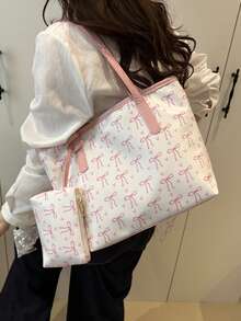 1 时尚拼色蝴蝶结印花单肩包，简约轻便，多个口袋，单肩托特包书包，返校背包，大容量，笔记本电脑隔层，便携，轻便，适合少女女大学生，非常适合返校、大学、初中、高中，时尚拉链托特包，大号学校托特包，多个隔层，非常适合海滩 - 白色 - 查看 12