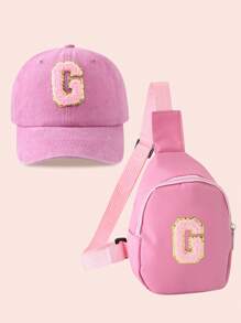 2pcs/Set Girls Pink Letter Graphic Baseball Cap And Bag, Boys Breathable Casual Outfit Suitable For Daily Wear And Outdoor Activities