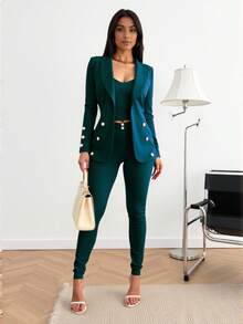 Conjunto Elegante de Tres Piezas para Mujer – Blazer, Top y Pantalón a Juego – Estilo Formal y Casual con Detalles de Perlas - Verde botella - Ver 1