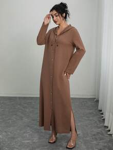 Vestido largo con capucha de manga larga y abotonadura sencilla para uso diario, de estilo casual para mujer