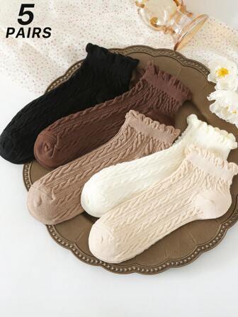 女性用ソックス 2/5足セット ブラック、ホワイト、ベージュ 無地 バブルマウス ねじり加工 ショート丈 軽量 通気性 良好 Ins風 ガーリー 家庭用、通勤、パーティー、スポーツ、学校、ホリデーギフトに適