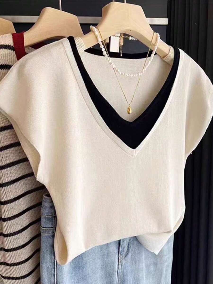 Áo len tay ngắn cổ chữ V 2 trong 1 cỡ lớn thường ngày - Đen và trắng - Xem 1