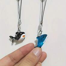 1/2 件休闲街头风格黑色和蓝色可爱创意树脂鲨鱼手机挂绳饰品，男女通用手机配件 - 多色 - 查看 8