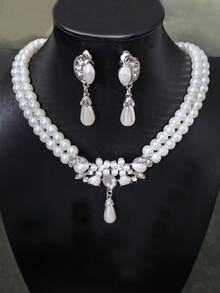 女士奢华双排玻璃珍珠项链和夹式耳环套装，新娘结婚首饰套装，无需耳洞 - 銀色 - 查看 4