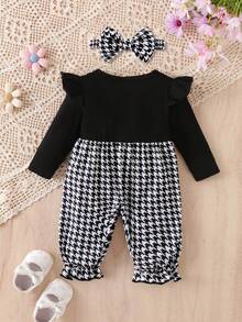 1 件女婴优雅可爱长袖连体衣，轻盈，适合秋冬季 - 黑色 - 查看 2