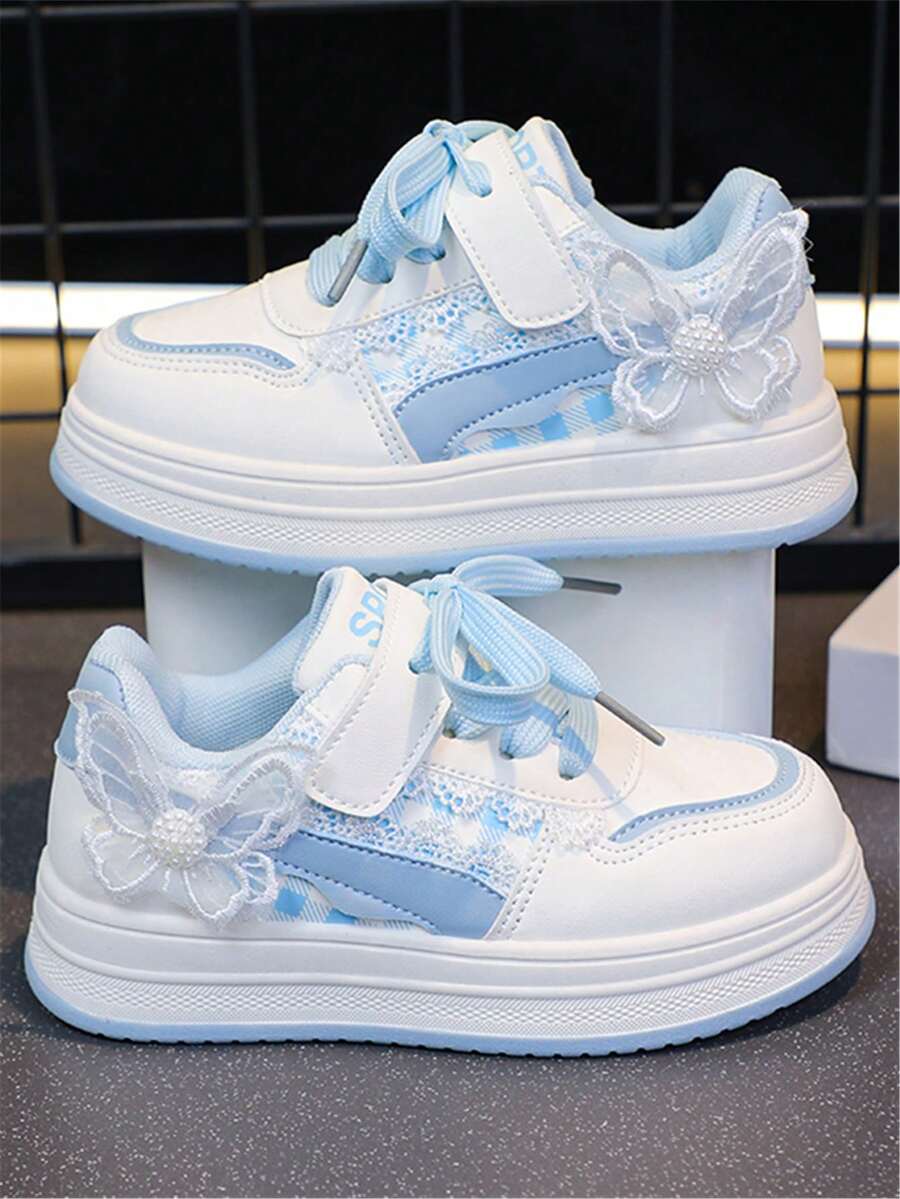 1 Pair Girls' Fashion Soft Bottom Bow Pendant PU Outdoor Non- Wear-Resistant Academy Style Cute Flat Sports Shoes, Suitable For All Seasons - 藍色 - 查看 1