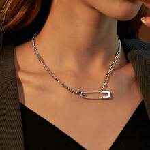 Gold Safety Pin Necklace - Women's Dainty Choker With Silver Minimalist Pin Pendant - Hop Punk Rock Jewelry - 銀色 - 查看 2