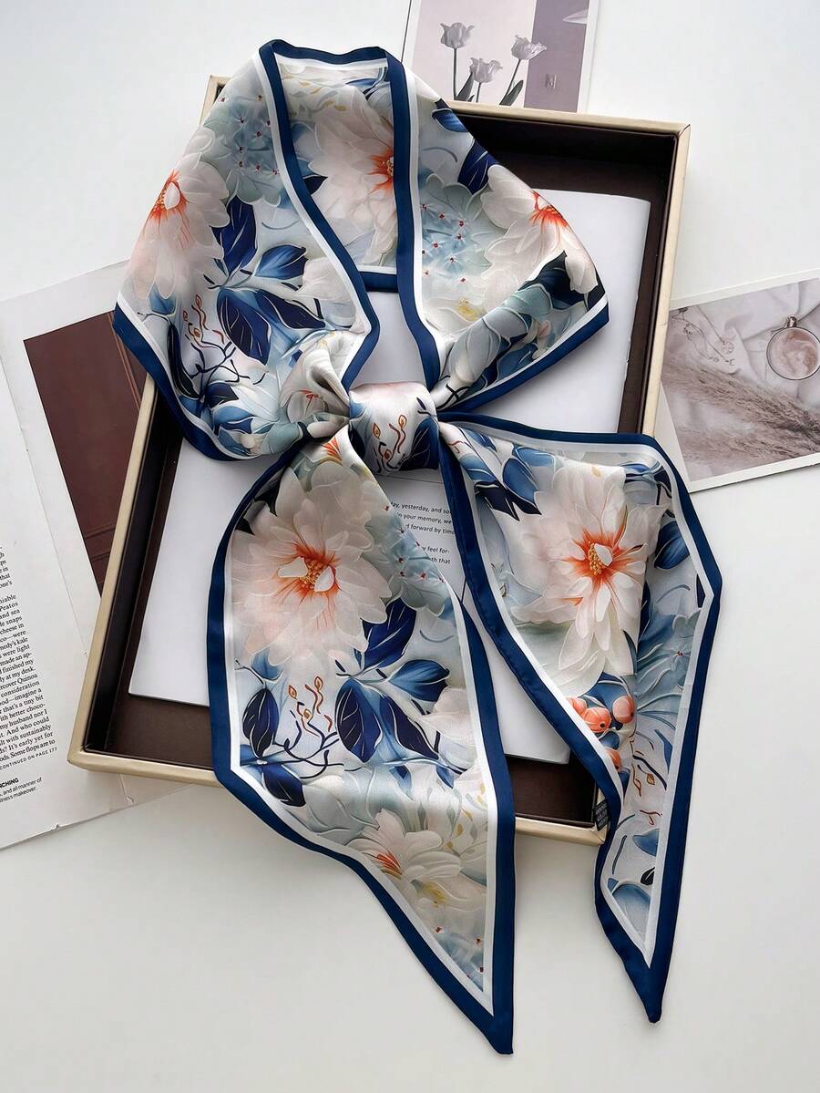 1pc Reversible Horse Chain Print Satin Scarf, Women Dress, Shorts, Belt, Bag, Hat, Ribbon, Waistband - Blue and White - View 1